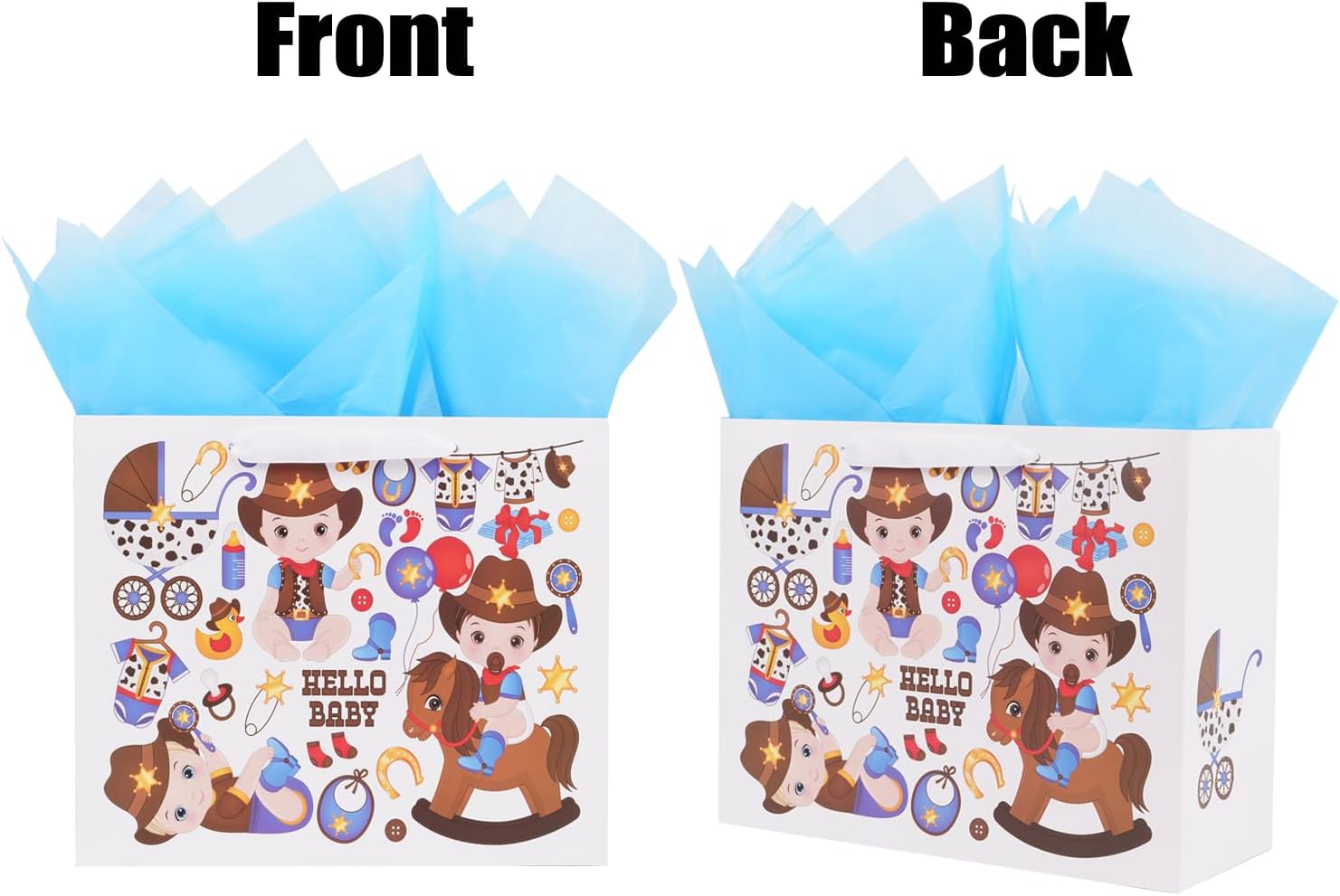 ysmile Cowboy Large Gift Bag with Wrapping Tissue for Baby Shower 12.6" - Boy