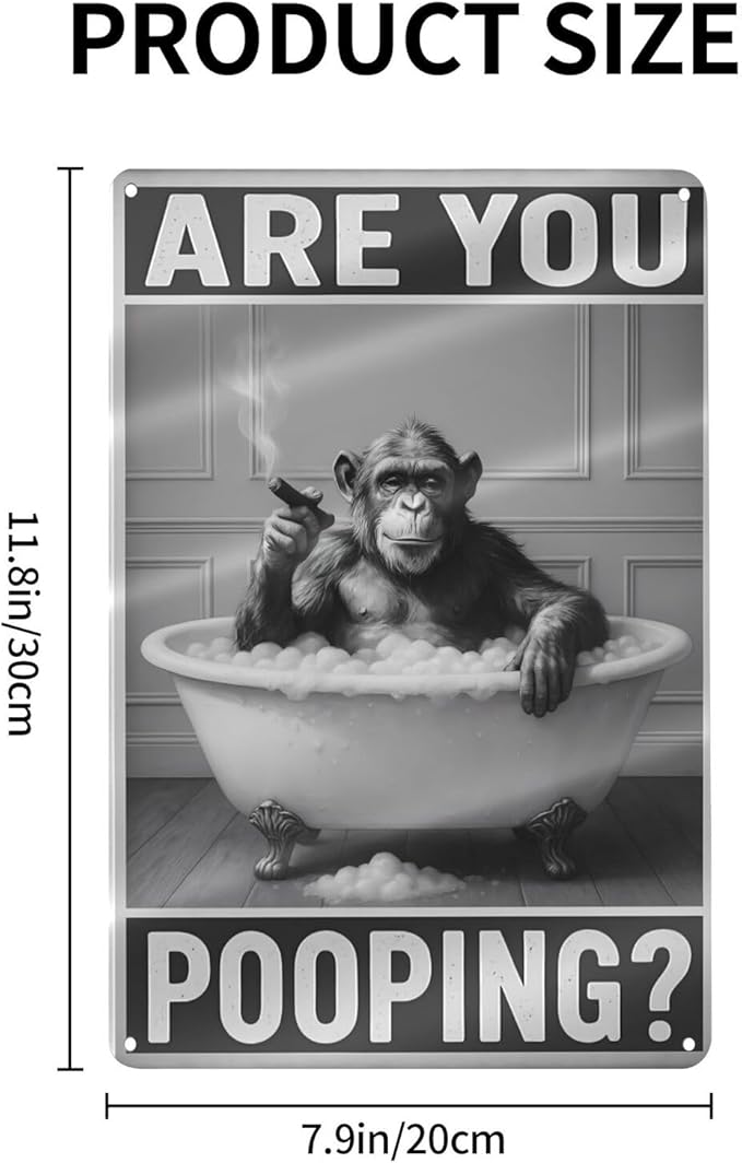 Bathroom Decor Wall Art – Funny Chimpanzee in Bathtub Tin Sign, 8x12 Inch Black and White Vintage Metal Wall Art, Humorous Animal Bathroom Sign for Restroom or Farmhouse (Sign-030)