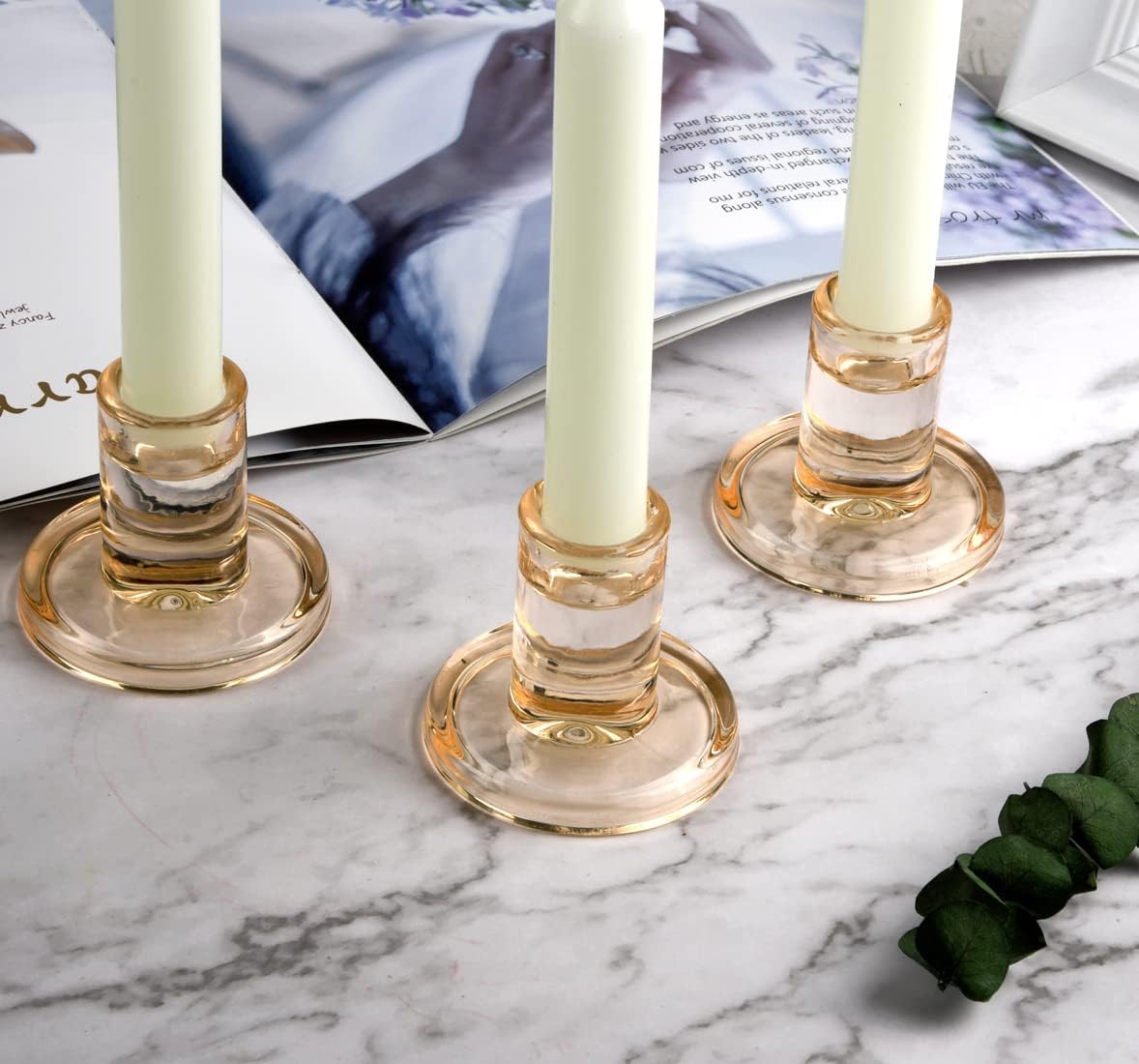 12pcs Amber Taper Candle Holders, Glass Crystal Candlestick Holders Bulk, Clear Candle Holders for Dining Table Centerpiece