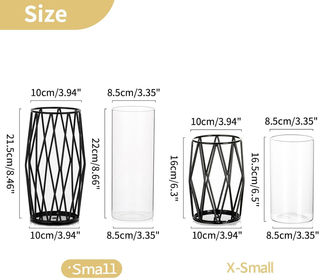 NUPTIO Black Geometric Hurricane Glass Candle Holder, 1 Piece | Compact Diamond Frame, Clear Cylinder Vase, for Flowers, Pillar & Floating Candles, Office or Dining Table Decor