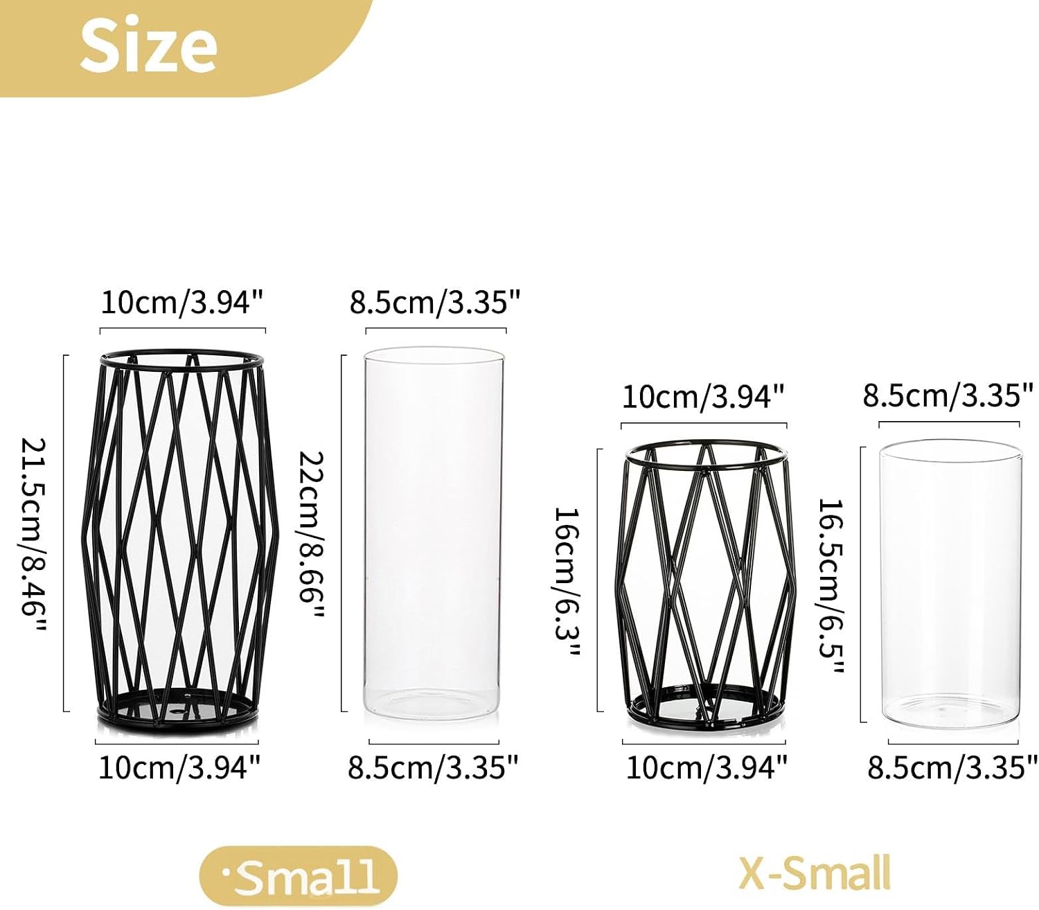 NUPTIO Black Geometric Hurricane Glass Candle Holder, 1 Piece | Compact Diamond Frame, Clear Cylinder Vase, for Flowers, Pillar & Floating Candles, Office or Dining Table Decor