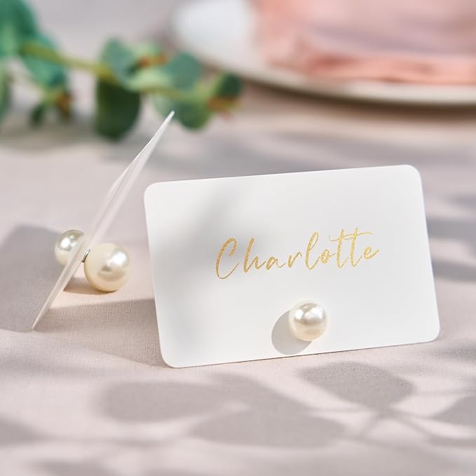 UNIQOOO 24Pcs Decorative Pearl Place Card Holders Bulk, Elegant Ivory Name Card Stands Set, for Wedding Table Place Cards, Dessert Table Decor, Retail Shop, Business Card, Name Tag, Party Food Signs