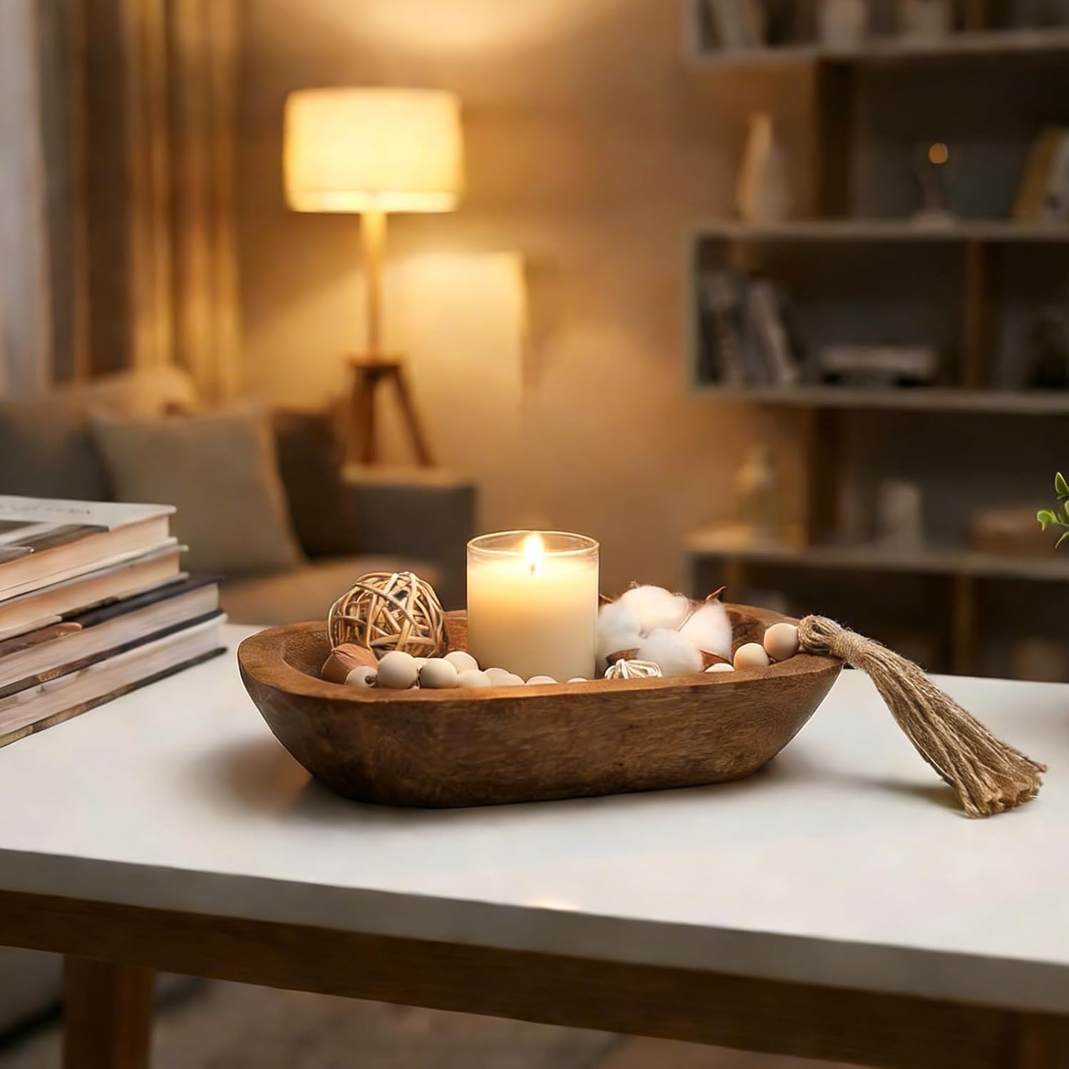 Fenteer Wooden Dough Bowl for Candle Making, Hand Carved Solid Wood Catchall Tray, Rustic Centerpiece for Kitchen Counter and Dining Table, 9.8x5.9 in