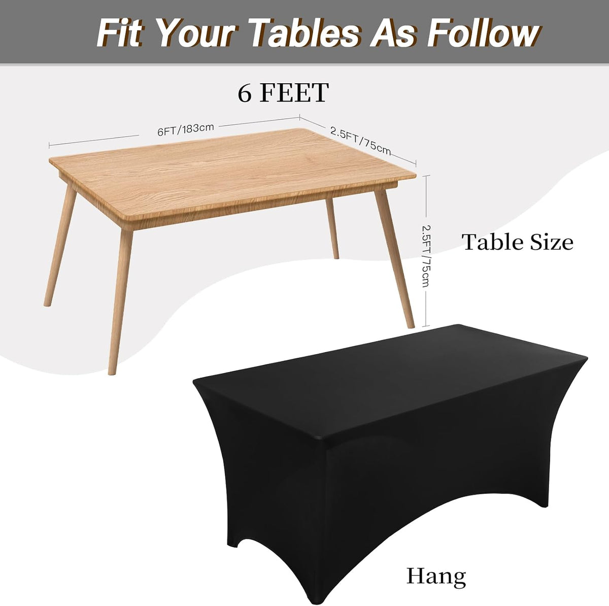 Fixwal 6 Pack 6FT Black Tablecloth Rectangle Spandex Fitted Table Cover