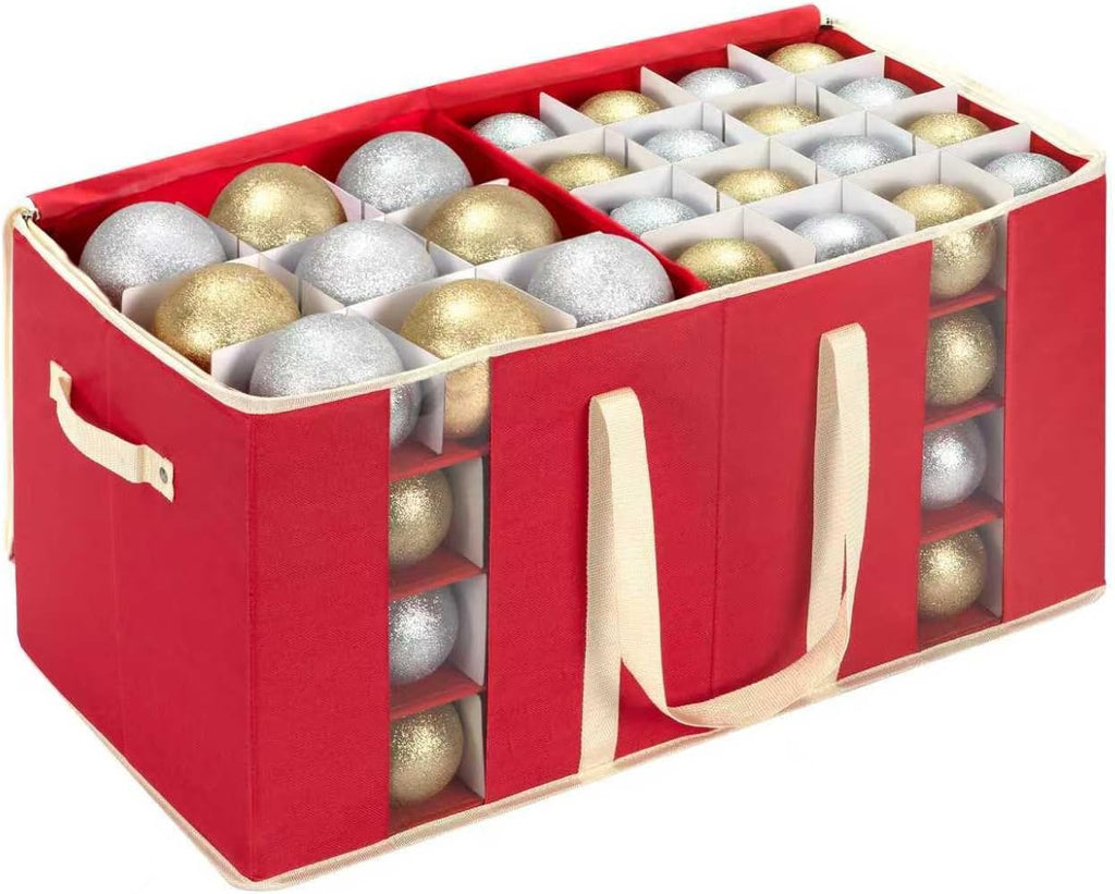 DIMESHY Large Christmas Ornament Storage Box With Adjustable Dividers,Ornament Storage Container with Two Handlesfor 128 Holiday Decorations,Red