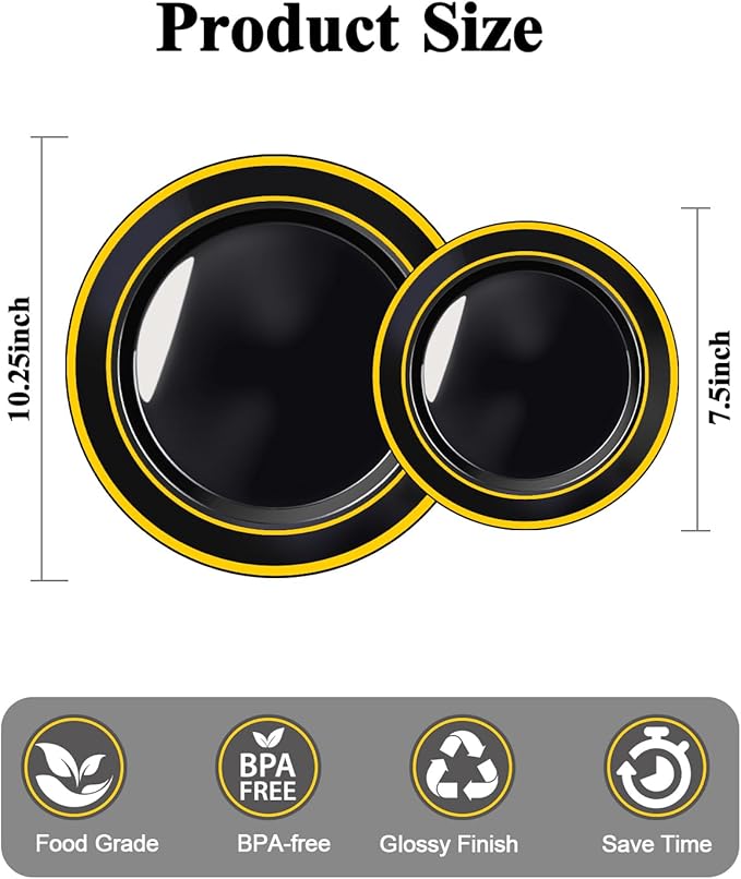 200PCS Black Plastic Plates Set with Gold Rim, 100 10.25 inch Dinner Plates and 100 7.5 inch Dessert Plates, Premium Disposable Plates forfor Party, Wedding, Holiday,And Halloween