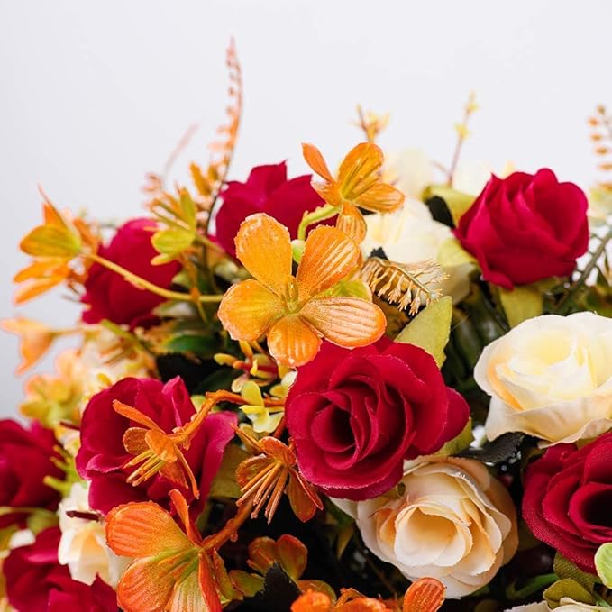 LESING Artificial Fake Flowers with Vase Silk Artificial Roses Wedding Flowers Bouquets Home Office Party Meeting Room Decoration (Red-1)