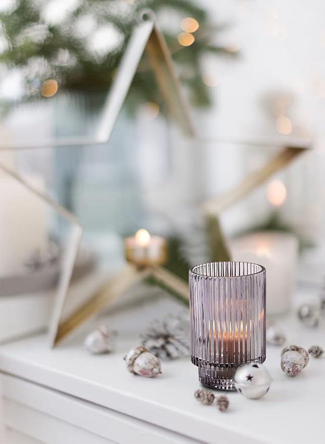 Serene Spaces Living 5in Smoke Ribbed Glass Votive Holder, Decorative Centerpiece for Wedding, Christmas, Thanksgiving, Dining Table, Living Room, Home Décor, 3.25" Diameter & 5" Tall, Pack of 24