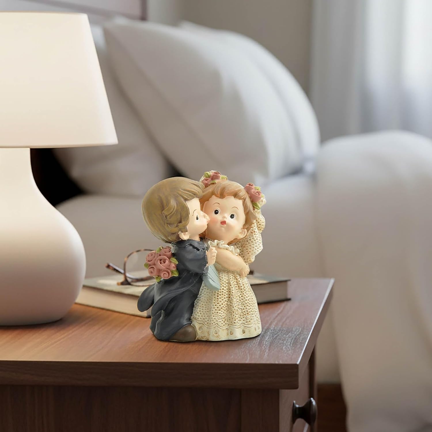 Bride and Groom Figurine, Romantic Wedding Couple Statue, 3.15 Inch | Hand-painted resin wedding cake topper with floral details for reception tables, keepsake displays and romantic gifts