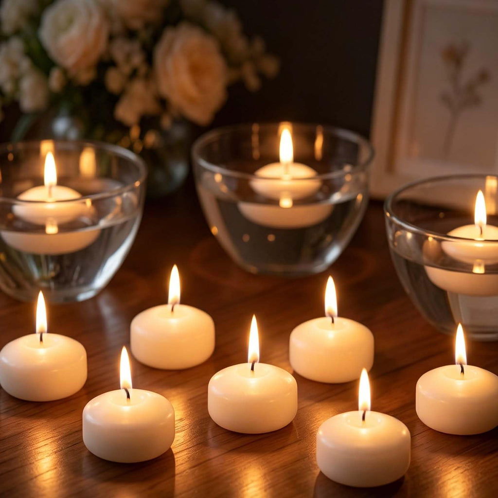 White Floating Candles 2 Inch 12 Pack, 5-6 Hours Long Burning Unscented Dripless Smokeless for Wedding Centerpieces, Party, Pool, Spa, Christmas, Home Decor