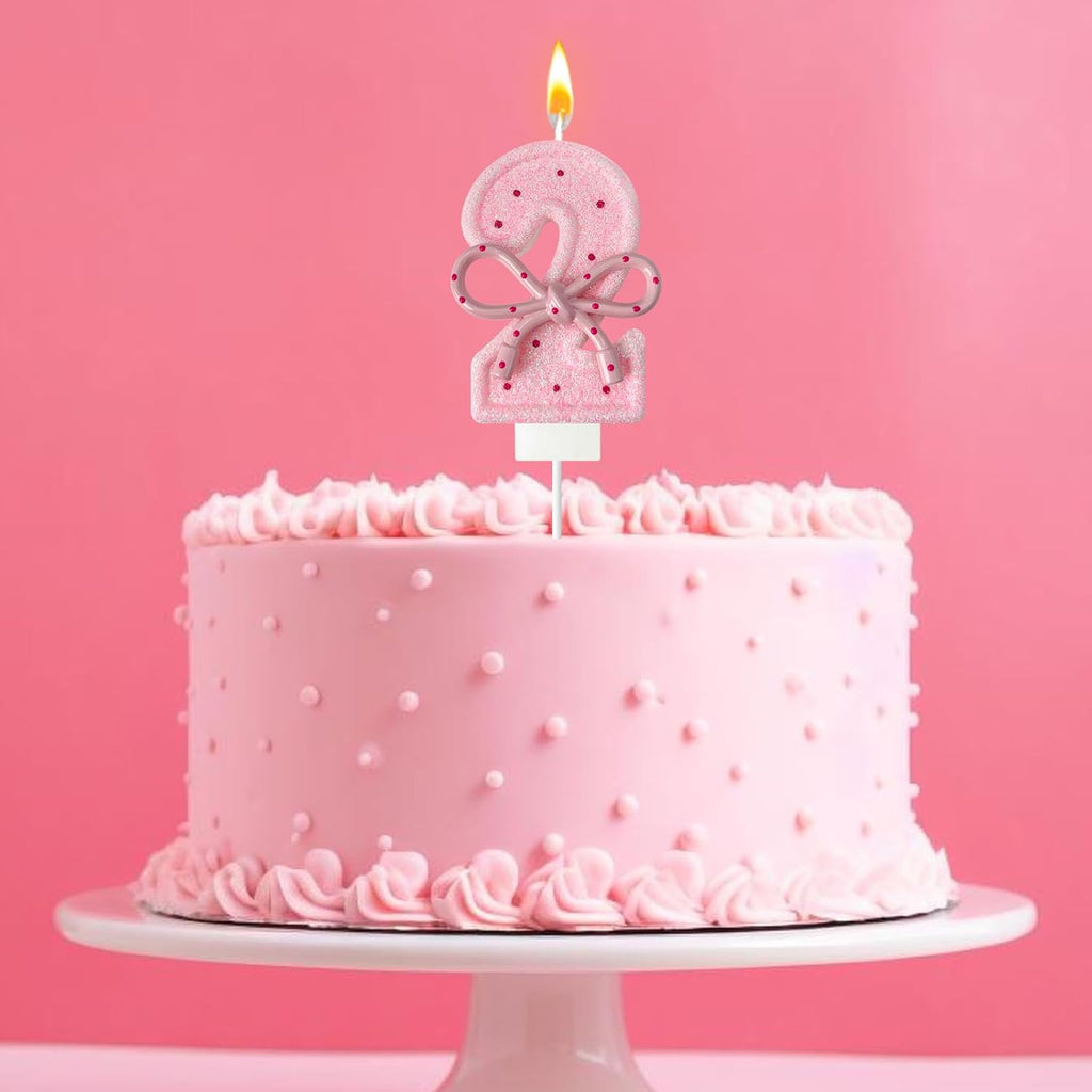 Pink Birthday Candles with Bows, 3.3 Inch Birthday Candles for Cake Decorations, Cute Anniversary Celebration Supplies for Girls and Women (2)