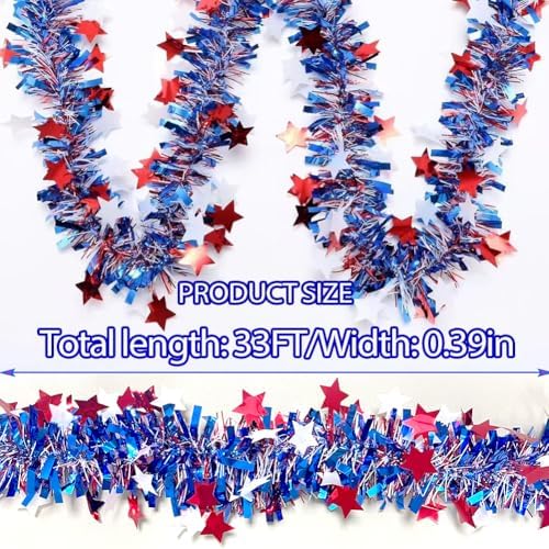 4th of July Red White Blue Star Tinsel Garland - 33 Ft Memorial Day Patriotic Decoration Independence Day Metallic Tree Garland Glitter Tinsel Hanging Twist for Veterans Day Decor