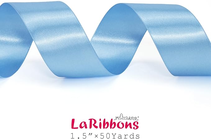 LaRibbons Light Blue Satin Ribbon 1 1/2 Inch 50 Yards Thin Luxury Double Faced Sky Blue Silk Ribbon for Flower Bouquet Crafts Gift Wrapping Wedding Babyshower Decoration
