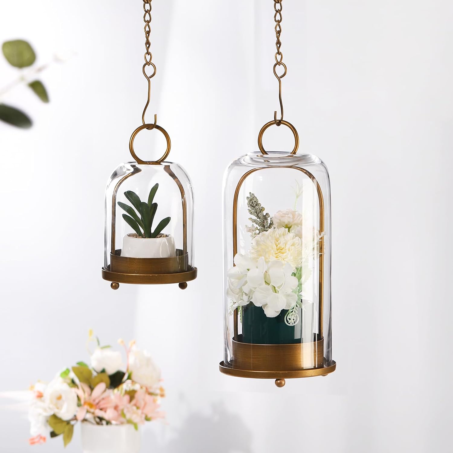 7.5" High Versatile Modern Metal Hurricane Lantern with Handmade Sturdy Glass Dome in Vintage Brass for 2" Pillar Candle & Plants, Industrial, Farmhouse, Shabby Chic (Brass, 4" x7.5 for 2" Pillar)