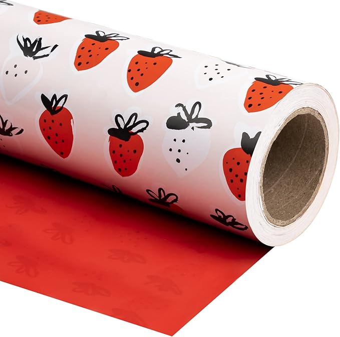 WRAPAHOLIC Reversible Strawberry Wrapping Paper - Mini Roll - 17 Inch X 33 Feet - Sweet Strawberry Design, Perfect for Birthday, Holiday, Wedding, Baby Shower