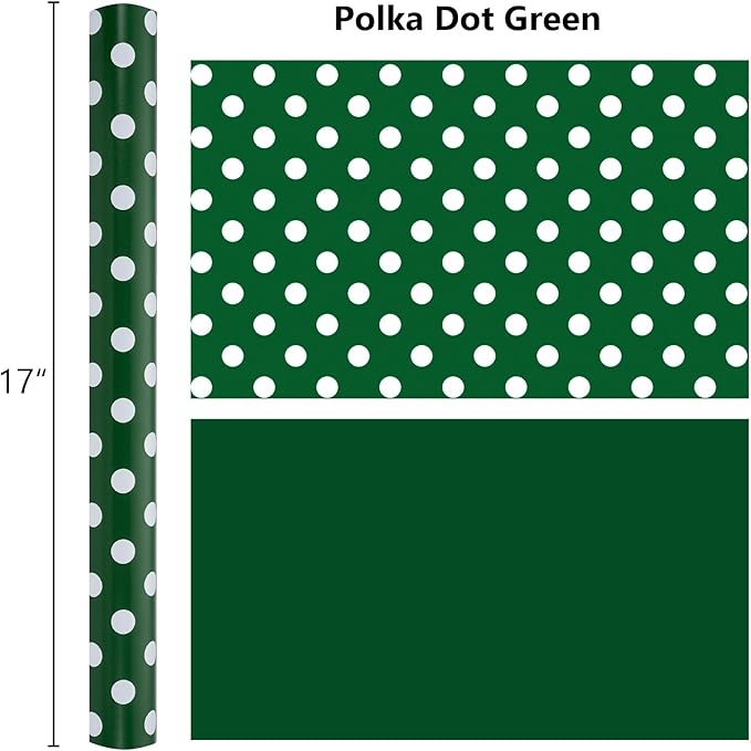 Burymento Green and White Dots Wrapping Paper, Reversible Pink Gift Wrap for Birthday, Valentines, Mothers day, Graduation, Wedding, Fathers day, Baby Shower, Christmas (17in x 32.8ft)