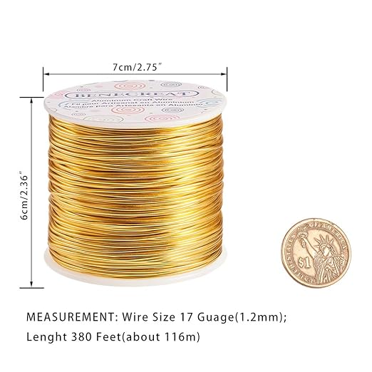BENECREAT 12 17 18 Gauge Aluminum Wire (17 Gauge,380FT) Anodized Jewelry Craft Making Beading Floral Colored Aluminum Craft Wire - Gold