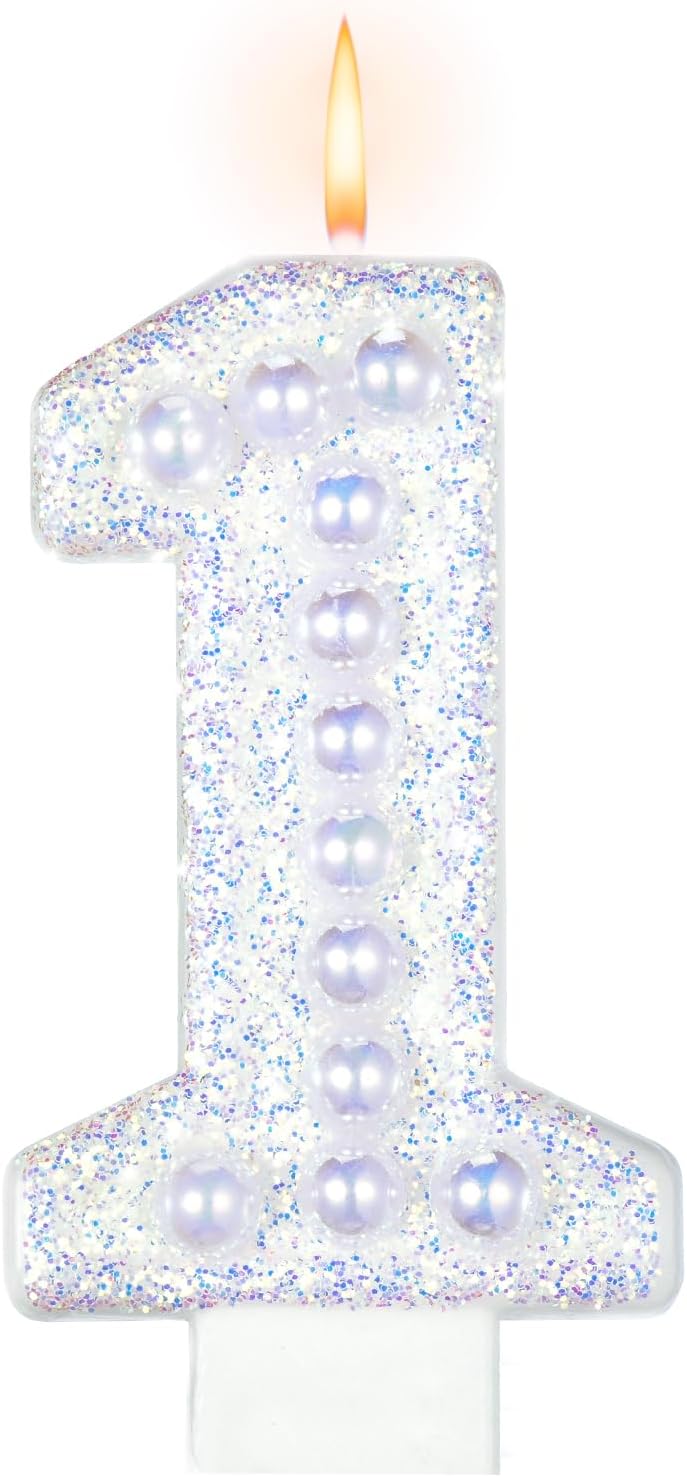 Birthday Candles, Number 1 Candle for First Birthday Girl, 1st Birthday Candles Sparklers with Holographic Colored Pearls, First Birthday Candle for Sweet One Birthday Party Decorations
