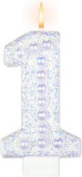 Birthday Candles, Number 1 Candle for First Birthday Girl, 1st Birthday Candles Sparklers with Holographic Colored Pearls, First Birthday Candle for Sweet One Birthday Party Decorations