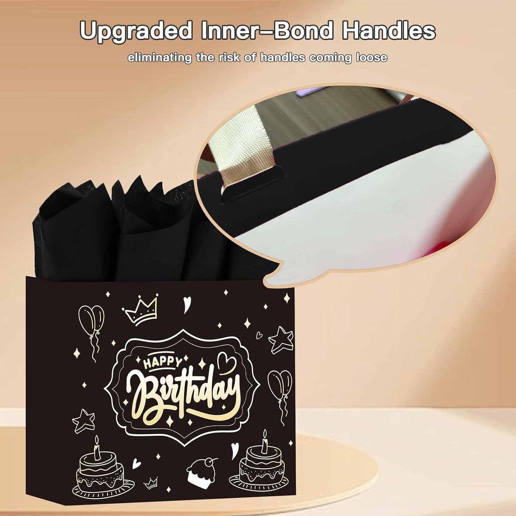 DUGUTUL Upgraded 13" Black Happy Birthday Gift Bag with Tissue Paper and Greeting Card for Party, Gold-Foil “Happy Birthday” Gift Bag for Men Women Boy Girl, Inner-Bond Handles – No Punch Holes, No Rip-Outs