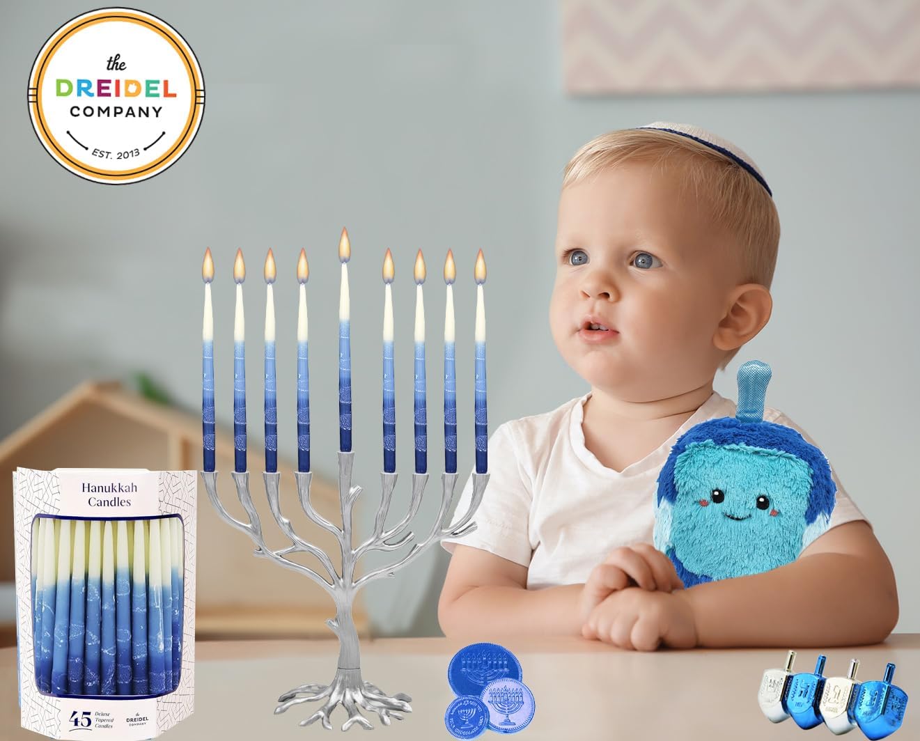 The Dreidel Company Dripless Premium Tapered Hand Decorated Multi Blue Frosted Hanukkah Candles, 45 Hanukkah Candles Premium Quality Wax, 1 Hour Burn Time