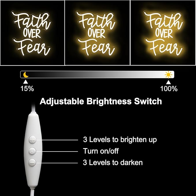 Faith Over Fear Neon Sign Jesus Neon Light Christian LED Signs for Wall Dimmable Warm White Letters Neon Lights Signs for Bedroom Man Cave Classroom Church Decor Christian Religious Sayings