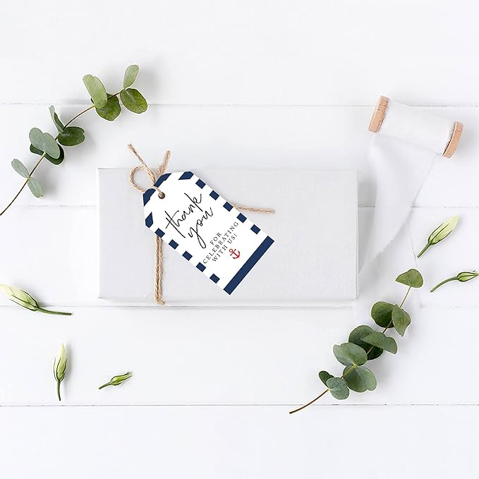 Andaz Press 100-Pack Thank You for Celebrating with Us Favor Tags Nautical Beach Cardstock Gift Tags with Bakers Twine for Wedding Baby Shower Bridal Shower Birthday Party Favors 2 x 3.75-Inches