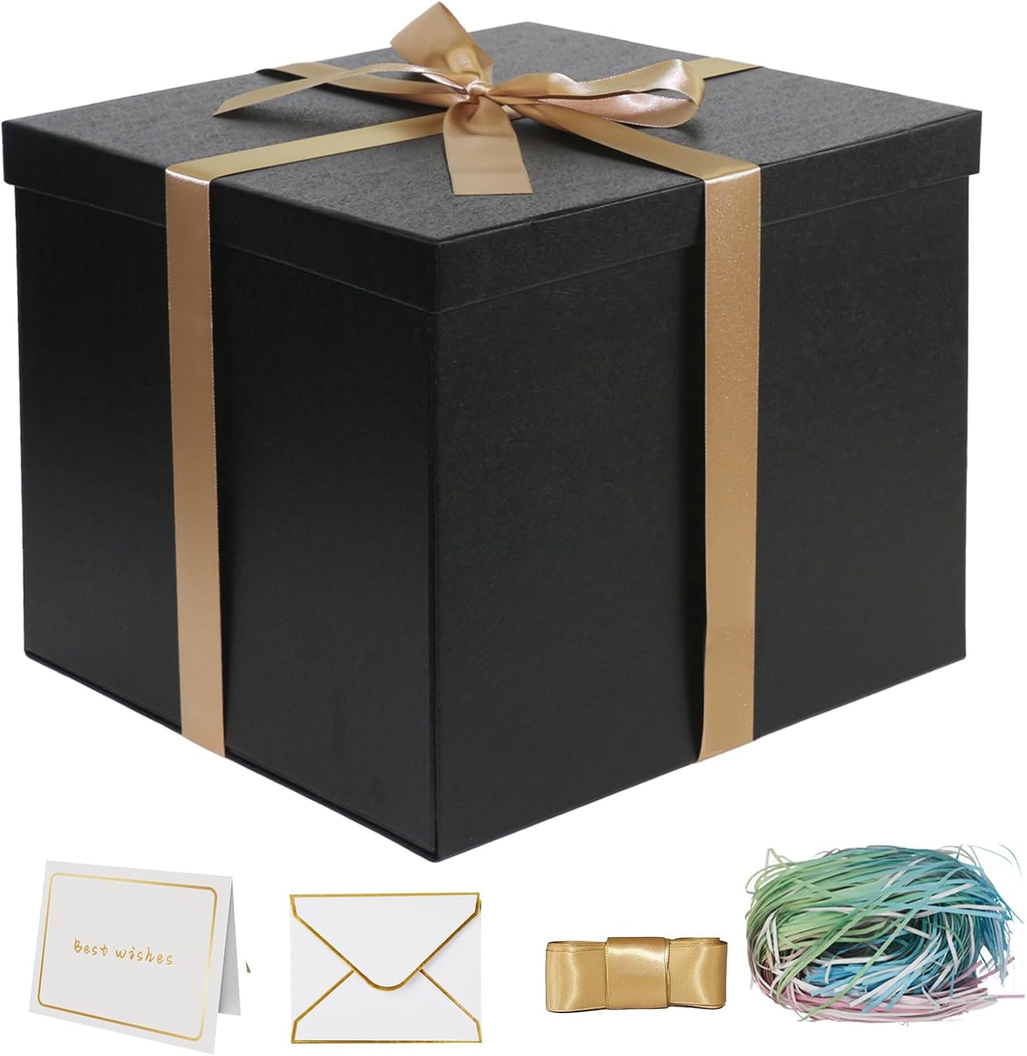 YINUOYOUJIA Large Gift Box 12x12x10 Inches,Black Boxes for presents with Ribbon,Card,Shredded Paper for Birthday,Valentine's Day,Mother's Day,Christmas,Anniversaries.