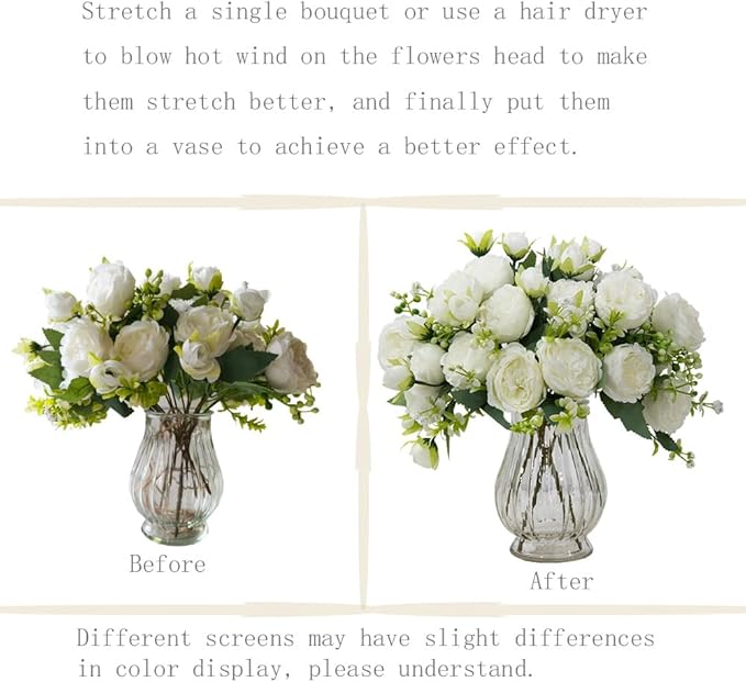 Artificial Peonies Silk Flowers in Glass Vase Faux Flowers Bouquets Modern Penoy Arrangement 4 Pack for Home Decoration Table Centerpiece (White)