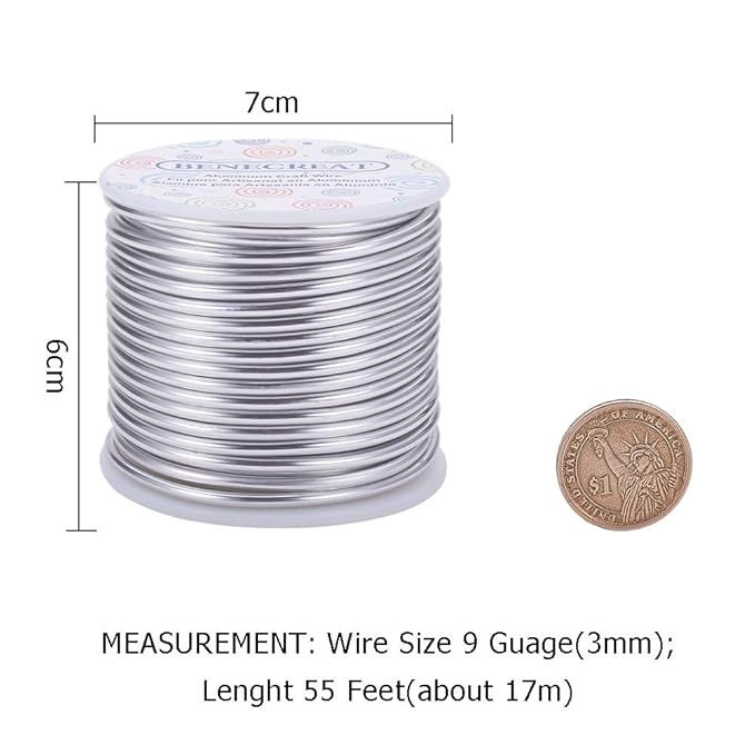 BENECREAT 9 Gauge Jewelry Craft Aluminum Wire 55 Feet Bendable Metal Sculpting Wire for Craft Floral Model Skeleton Making, Plant Gardening, Silver