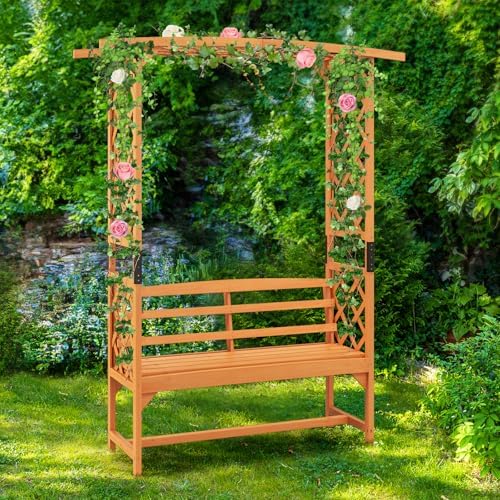 giantex garden arbor with bench, wooden garden arch shown in use