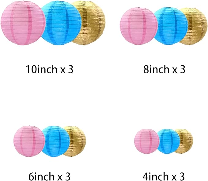 Tim&Lin Gender Reveal Decorations Paper Lanterns, Pink Blue Gold Paper Lanterns Decorative, Chinese/Japanese Hanging Round Paper Lanterns Decorations for Baby Shower, Birthday (12 PCS), PL-231012-005