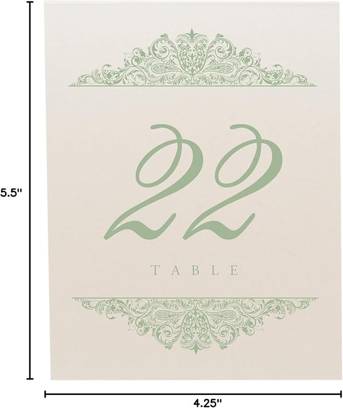 Paisley Wedding Table Numbers (Select Color/Quantity), Champagne, Sage, 1-50, Double Sided, Tent or Use in a Stand, Great for Parties & Restaurants - Made in the USA