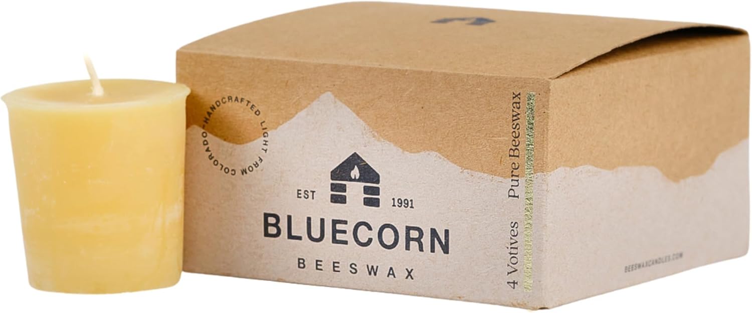 Bluecorn Beeswax Votive Candles, Raw Yellow, 4 Pack | 100% Pure Bees Wax Candles, 12+ Hours Long Lasting Burn, Unscented, Non-Toxic & Clean Burning, Made in USA