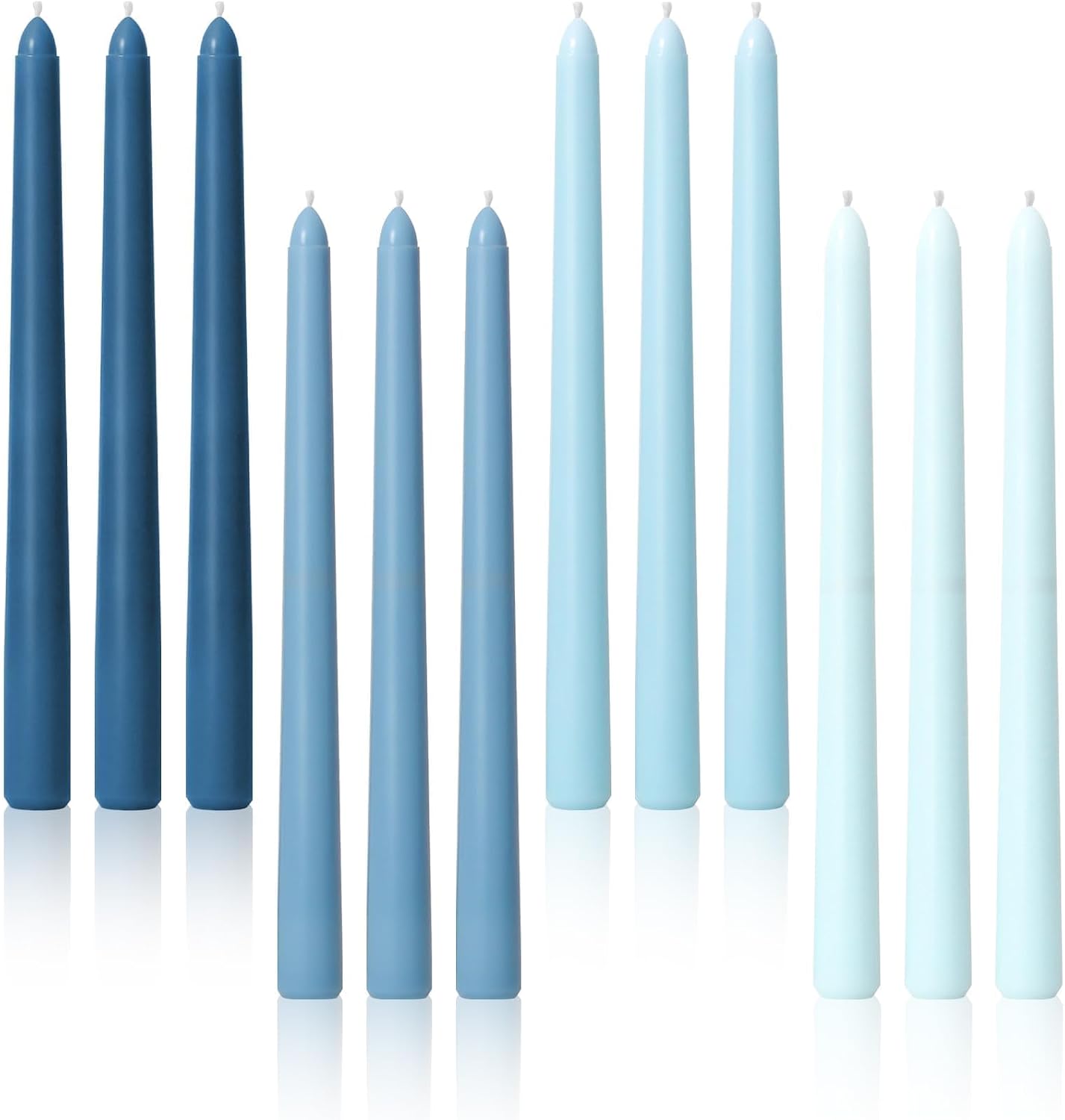 Viyffo 10 Inch Taper Candles, 12 Pack Blue-Unscented, Dripless Design– Long Tall Tapered Candlesticks for Wedding, Dinner, Holiday, Party, Home Decor Natural Color Series