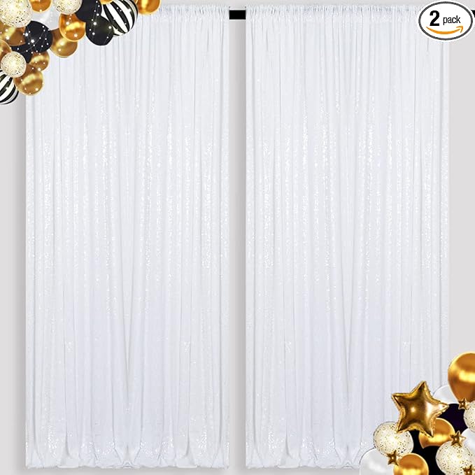 ShinyBeauty 2 Panels White Sequin Backdrop Curtain | 5Ft x 10Ft Glitter Wedding & Photography Background | Shimmer Curtains | Payette Sequin Fabric | Elegant & Durable Photo Backdrop