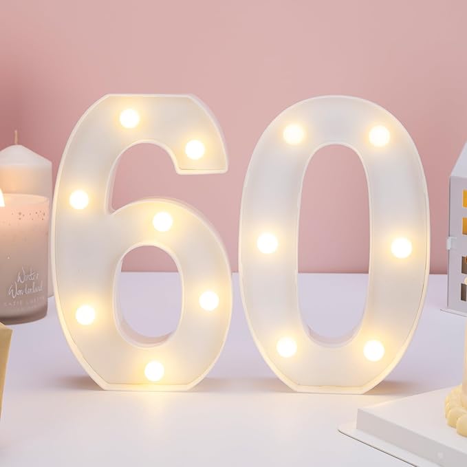 Decorative Led Light Up Numbers, 60th Birthday Decorations, Warm White Led Numbers Lights, Lighted Marquee Number Sign for Sweet 60th Party Decor