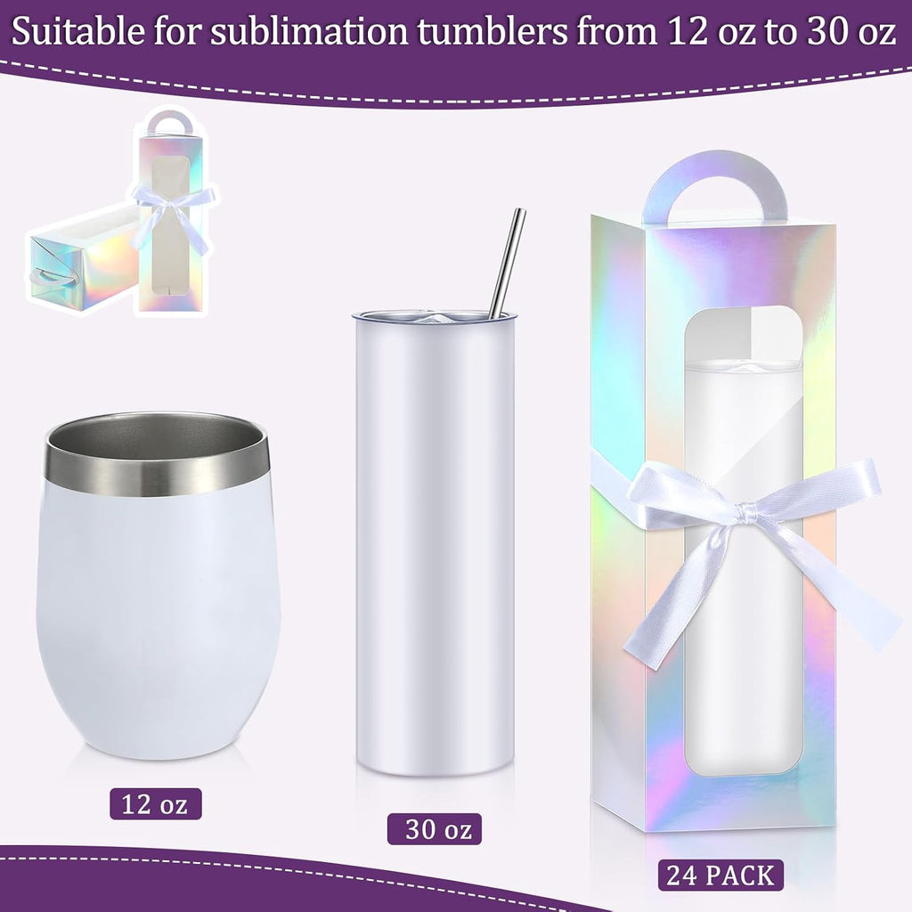 Ctosree 24 Pcs Tumbler Gift Box with Handle for 16-20 oz Clear Wine Glass Gift Box Sublimation Tumblers Heat Press Blanks Bottle for Christmas Wrapping Packaging(Holographic)