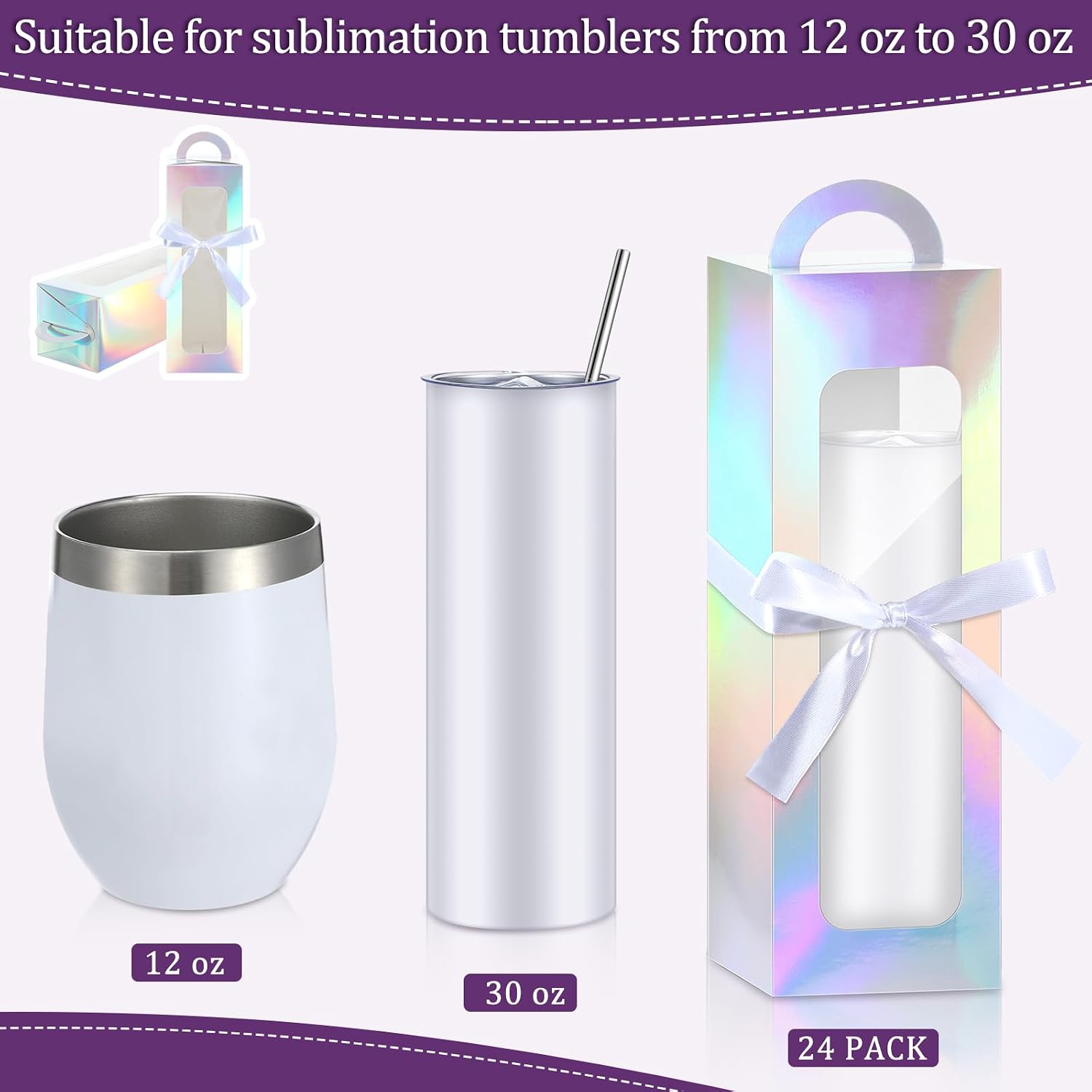 Ctosree 24 Pcs Tumbler Gift Box with Handle for 16-20 oz Clear Wine Glass Gift Box Sublimation Tumblers Heat Press Blanks Bottle for Christmas Wrapping Packaging(Holographic)