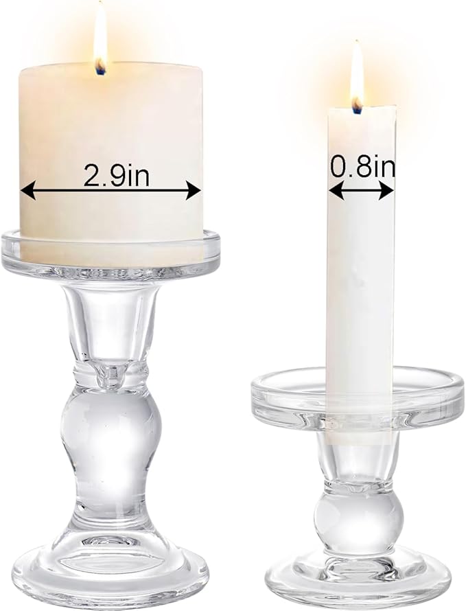 Okllen Set of 6 Glass Candle Holders, Clear Pillar Taper Candlestick Crystal Tealight Candle Holder Stand for Dinner Table, Wedding Centerpieces, Living Room, Home Decor