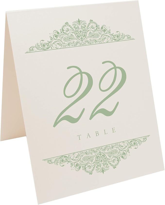 Paisley Wedding Table Numbers (Select Color/Quantity), Champagne, Sage, 1-50, Double Sided, Tent or Use in a Stand, Great for Parties & Restaurants - Made in the USA