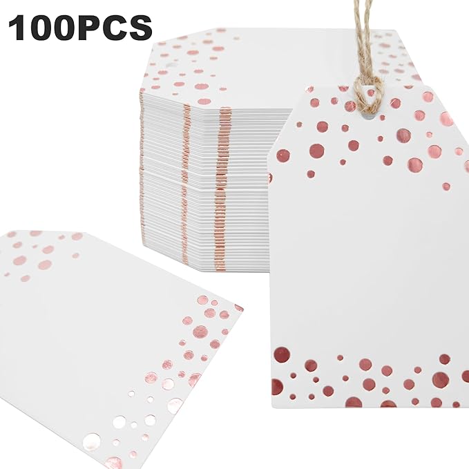 100Pcs Rose Gold Gift Tags with String Attached, ASYEHJNR Foil Rose Gold Dot Large Gift Bag Tags Presents with 65 FT Jute Twine, White Paper Gift Tags for Baby Shower, Wedding, Birthday Gift Wrap Tags