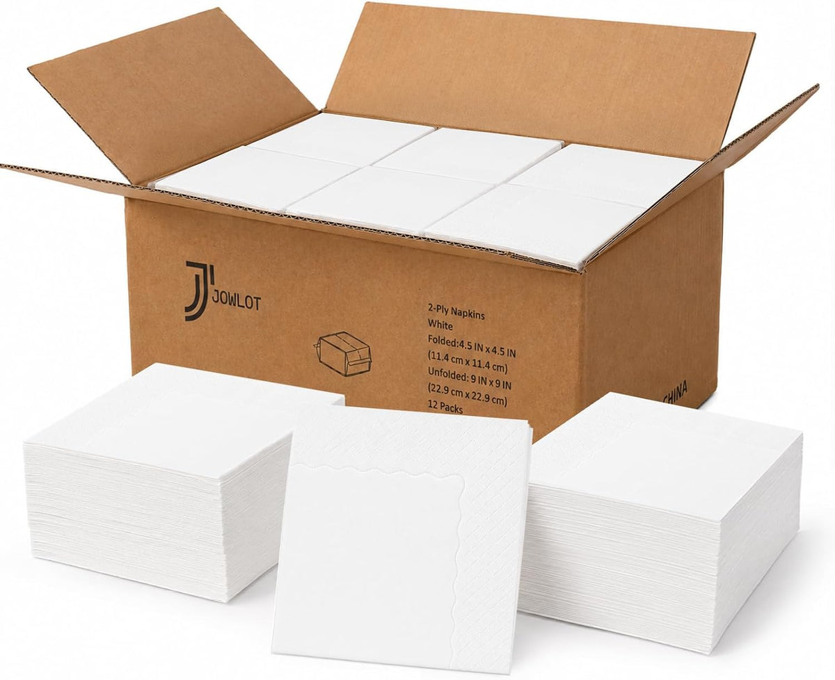 1200 Count White 2-Ply Cocktail Napkins, 4.5 x 4.5 Inch Disposable Beverage N...