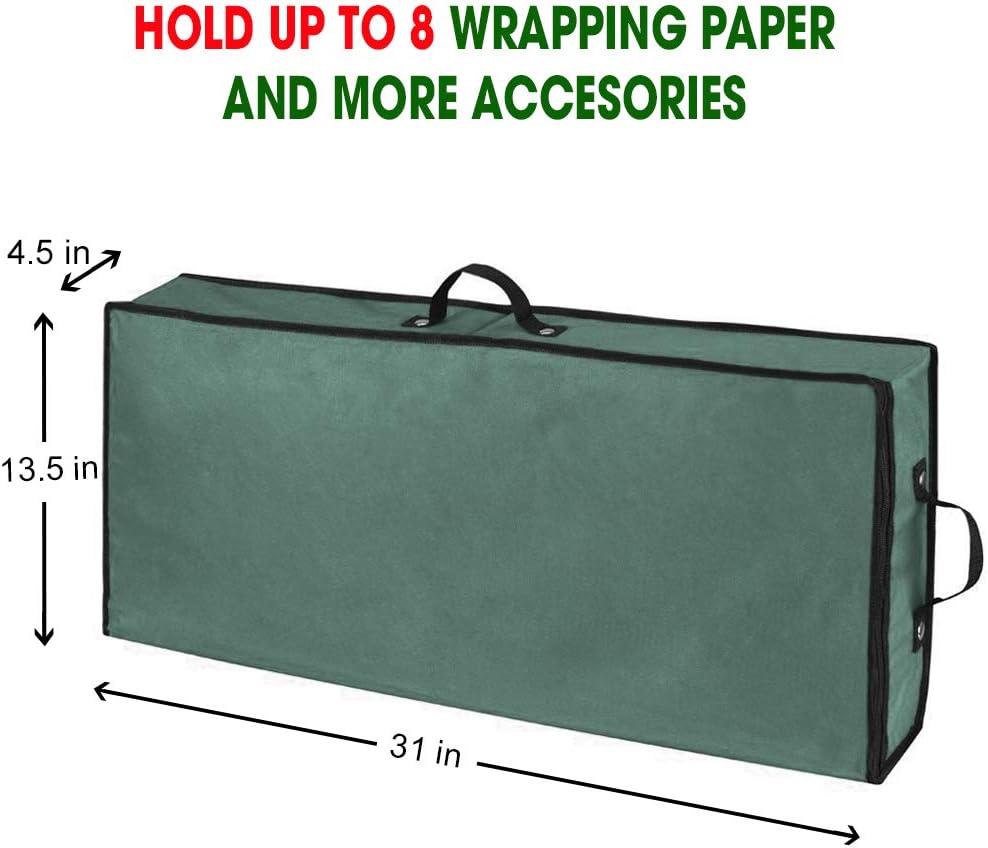 Wrapping Paper Storage Container | Under Bed Gift Wrap Organizer for 30 Inch Rolls | 31”x13.5”x4.5” | 600D Oxford Material | Box Holder with Pockets for Ribbon, Bows, and Accessories (Green)
