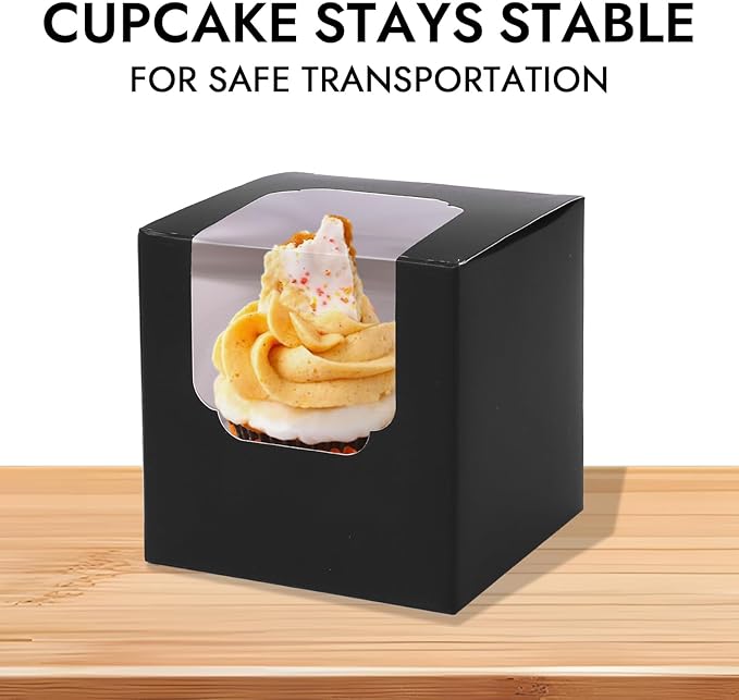 JCD 120 Boxes+120 Inserts Black Cupcake Boxes Individual Cupcake Container 3.5" x 3.5" x 3.5" Auto-Pop up Single cake Box for Bakery Gift Giving (Black/120Pcs)