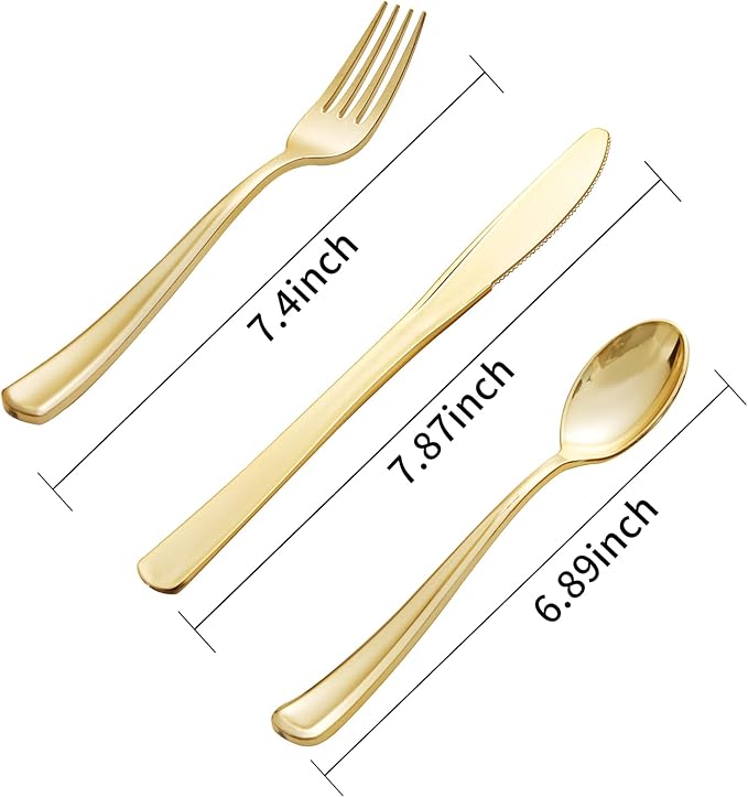 bUCLA 600 Pieces Gold Plastic Silverware - Disposable Gold Utensils - Heavyweight Plastic Cutlery set- 200 Forks, 200 Spoons, 200 Knives for Party & Thanksgiving