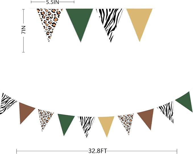 32Ft Jungle Safari Party Decorations Sage Green Brown Wild Animal Leopard Zebra Print Triangle Flag Fabric Banner Pennant Garland Streamers for Cheetah Birthday Baby Shower Party Decor Supplies