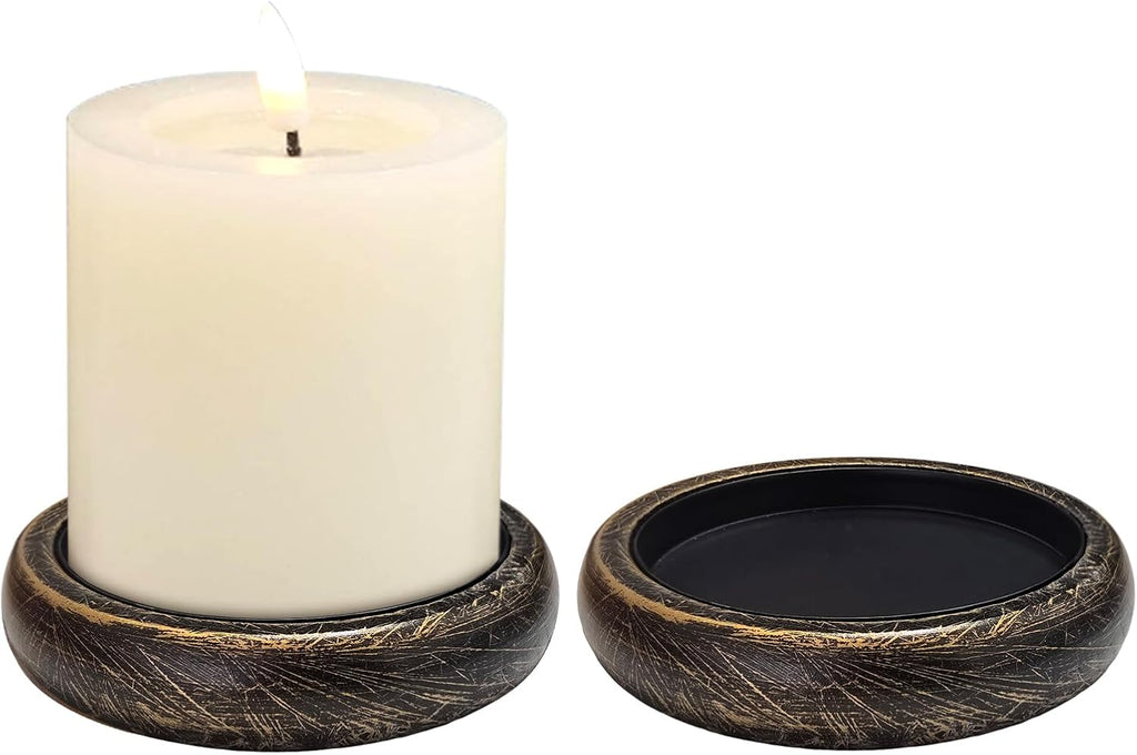 Candle Holder for Pillar Candle Set of 2, Farmhouse Wood Candle Plate, Rustic Wooden Candle Stand, Candles Tray Decorative for Living Room, Table Centerpiece, Black Gold