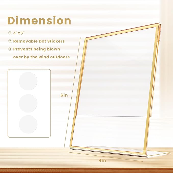 Acrylic Gold Frames 4X6, Slanted Back Gold Picture Frames Table Acrylic Sign Holder for Photos Wedding Table Numbers and Art Display with Removable Clear Sticky Dots，3 Pack