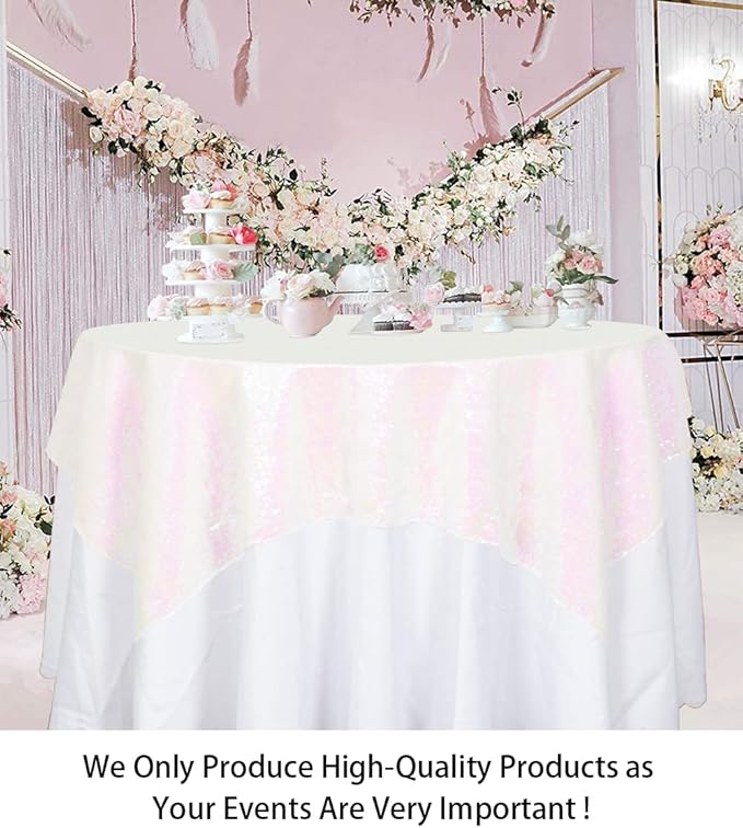 ShinyBeauty Square Tablecloth 72x72-Inch Sequin Tablecloth Overlay Iridescent White Table Cover Sequined Table Cloths for Wedding White Tablecloth Linen Square Overlay for Cocktail/Dessert